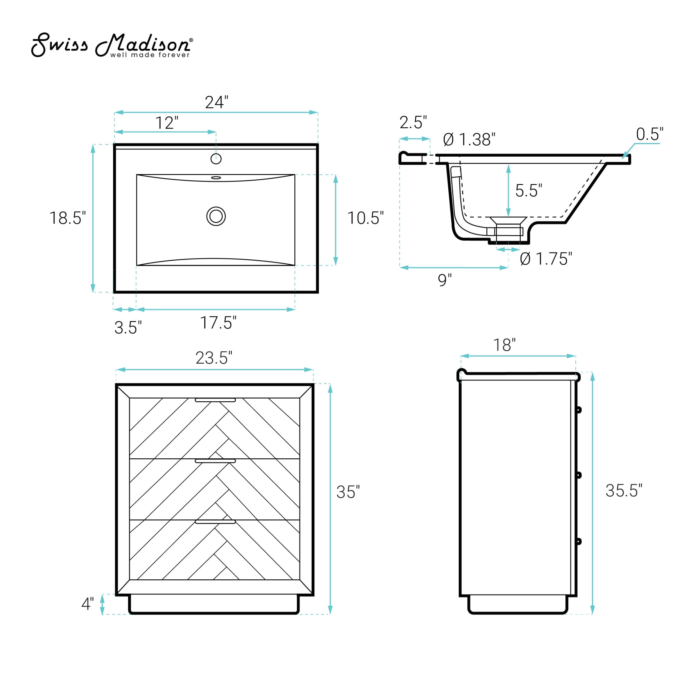 Daxton 24" Freestanding Bathroom Vanity in Brown Oak with Sink Top