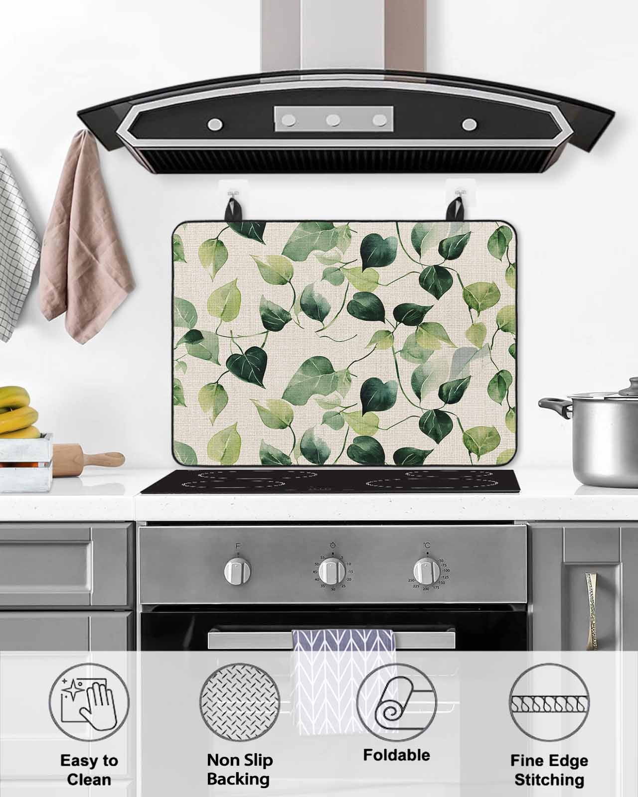 nqOlkjepod Large Induction Cooktop Protector Mat 36"x21", Green Leaves Stove Top Covers for Electric Stove, Spring Watercolor Abstract Plants Stove Burner Cover Mats, Glass Top Stove Cover