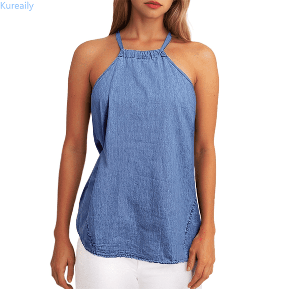 Kureaily Casual Women's Solid Color Neck Loose Suspender Top Summer Sleeveless Tanks
