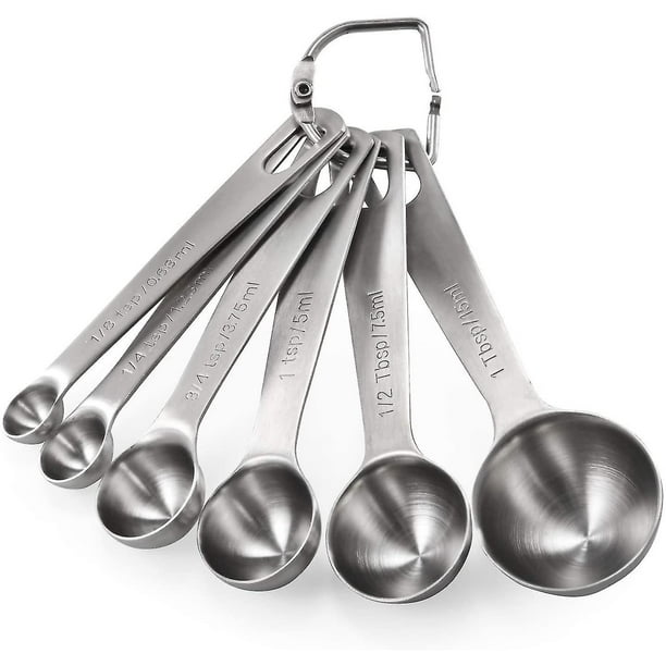 Cucharas medidoras de acero inoxidable 18/8, cada juego de 6 cucharas medidoras de cocina: 1/8 cucharadita, 1/4 cucharadita, 1/2 cucharadita, 1 cucharadita, 1/2 cucharadita cucharada y 1 cucharada