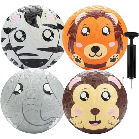 Gaga Ball 5 Inch Playground Balls with Air Pump (4 pk, Animals)- Durable Rubber Balls Official Size for Dodgeball & Handball - Great for Outside Play, 4 Square & Game to Play at Kids Birthday Parties
