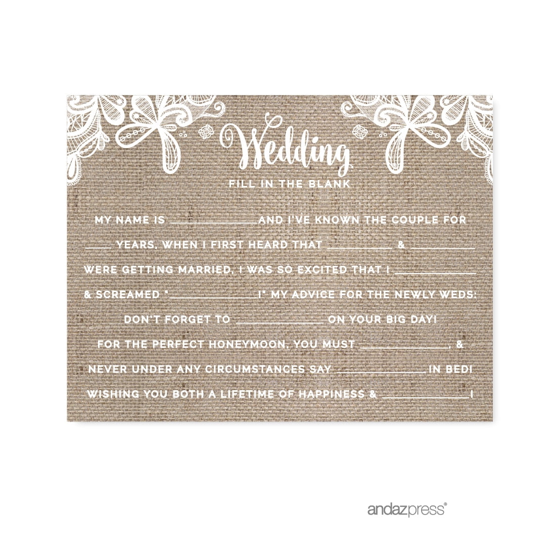 Fill-In-The-Blank - Newlyweds  Burlap Lace Wedding Cards Guest Book Alternative, 20-Pack