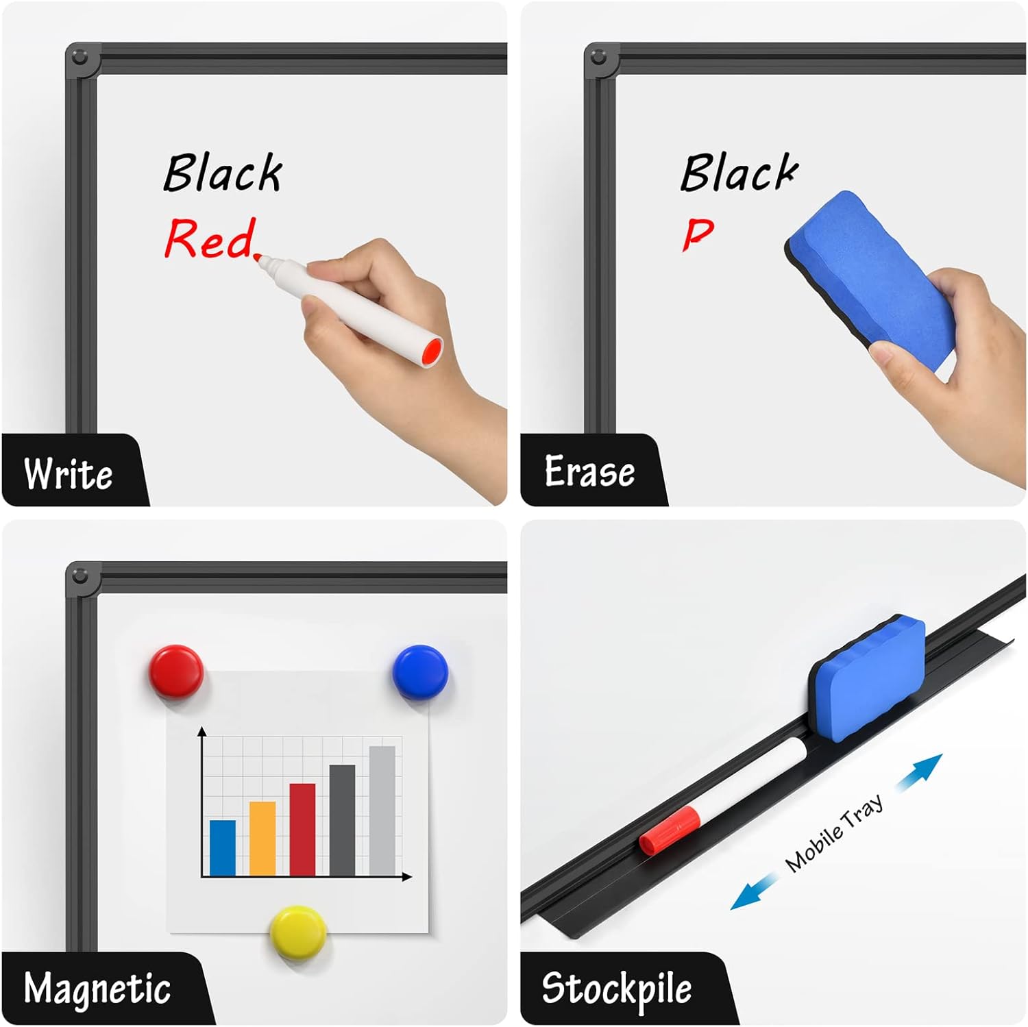 48" X 36" Magnetic Dry Erase Whiteboard with Black Aluminum Frame, Hanging Whiteboard for Home, School, Office, Kitchen