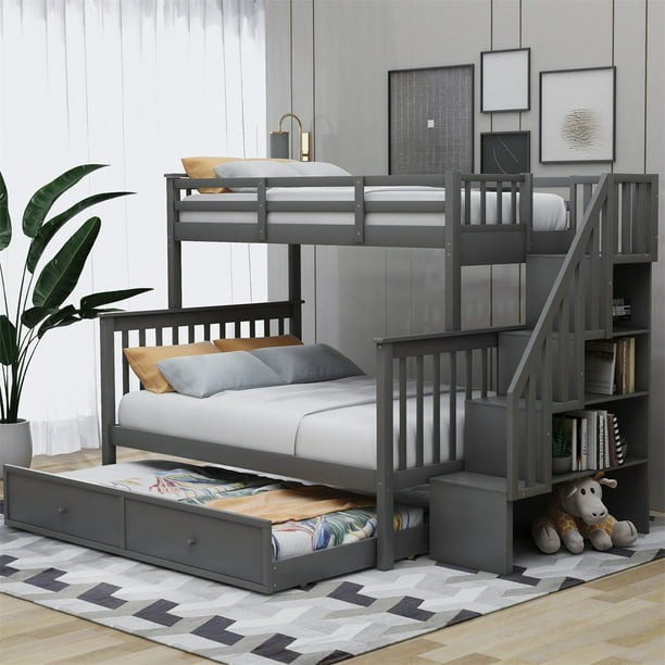 Twin Trundle Storage Shelves, Bunk Beds Twin Over Queen With Stairs