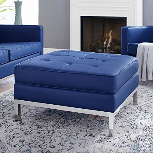 Modway Loft Tufted Button Faux Leather Upholstered Square Ottoman in Silver Navy