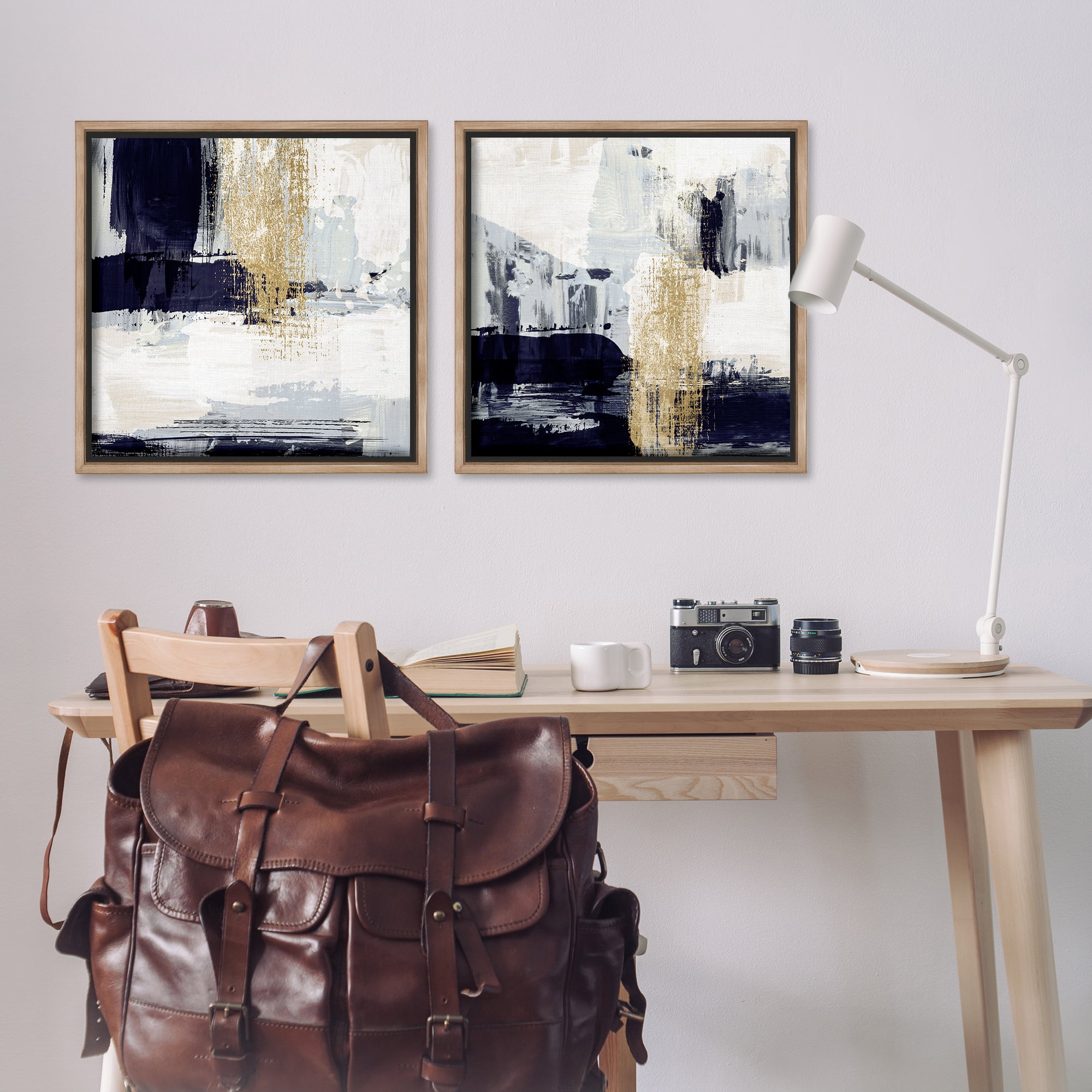 Stupell Industries Patchy Navy Gold Abstract Abstract Painting Brown Floater Framed Canvas Art Print Wall Art, 25 x 25, Set of 2