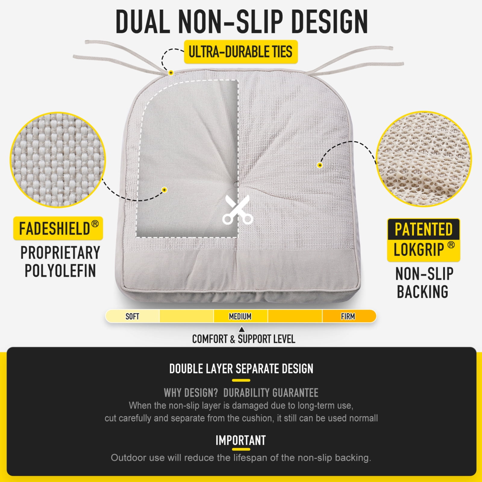 SUNROX Memory Foam Non Slip Rocking Chair Cushion, Set of Seat & Back Cushion with Ties for Indoor/Outdoor Rocker, FadeShield Water Resistant Thicken Durable Tufted Pads, 2 Piece, Cream