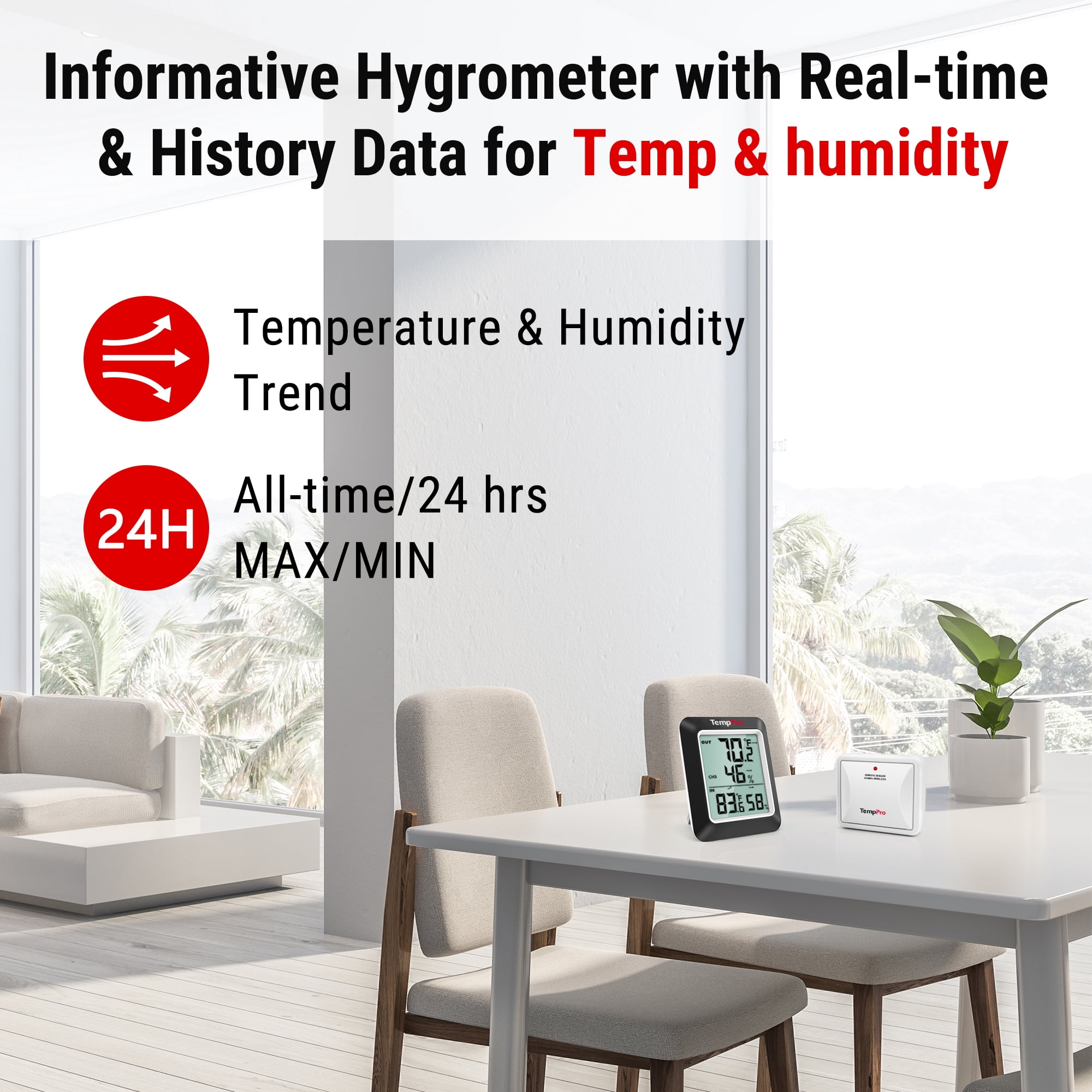 TempPro TP60SW Digital Hygrometer Indoor Outdoor Thermometer Wireless Temperature and Humidity Gauge Monitor Room Thermometer (Formerly ThermoPro)