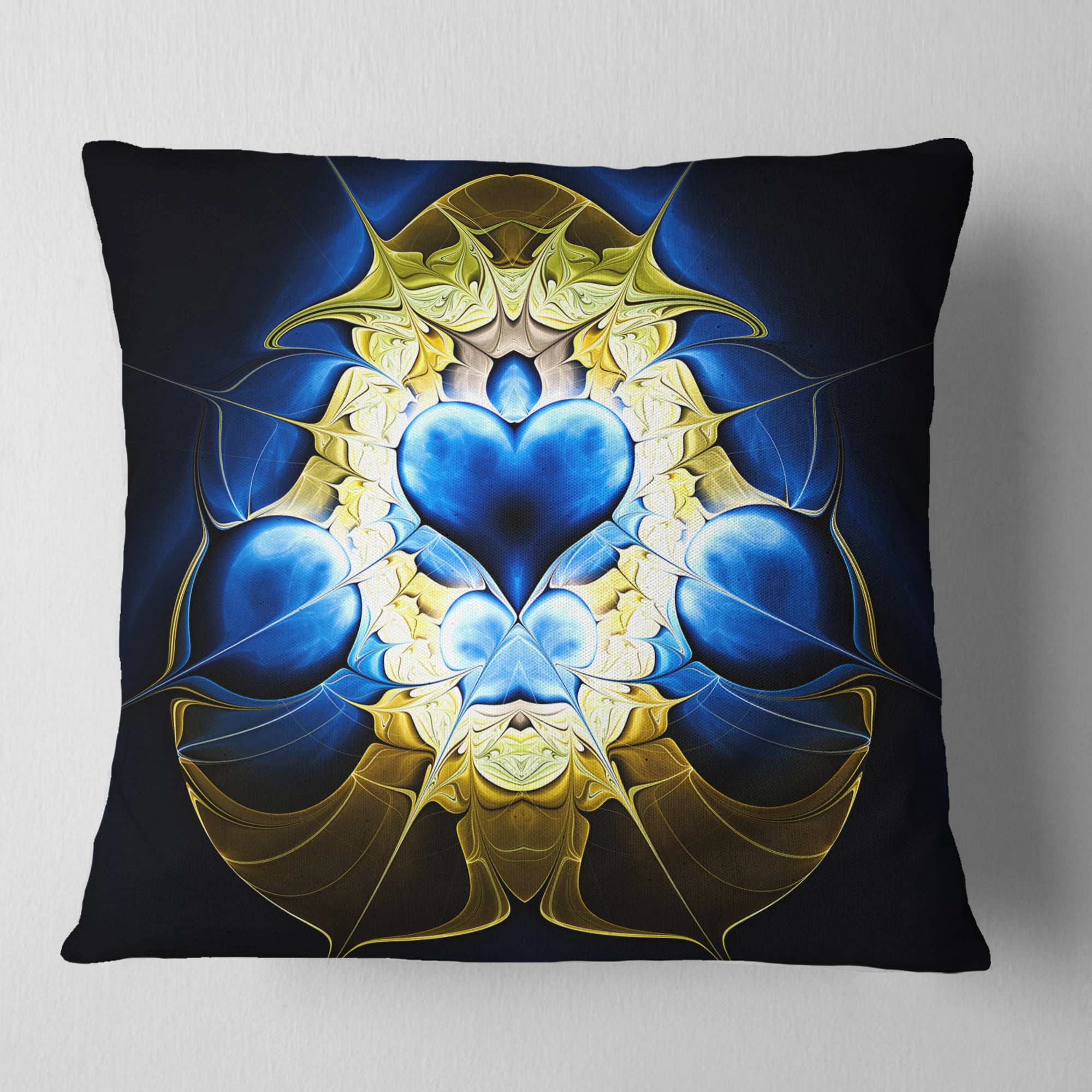 Designart Large Blue Gold Symmetrical Fractal Heart - Abstract Throw Pillow - 18x18