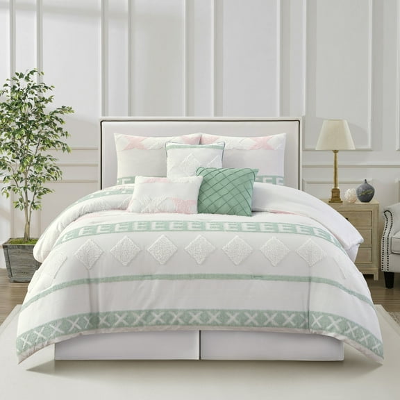 Nanshing Elysia 7 Piece Comforter Set, White Green, Queen