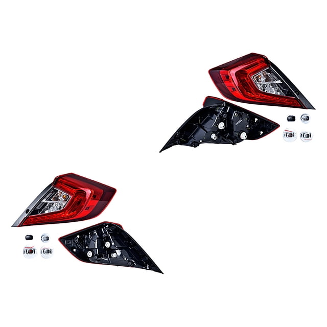 par de calaveras civic 2016 a 2020 honda ext c/leds depo Par de faros traseros exteriores para Honda Civic 2016-2020 (4 puertas), unidades izquierda y derecha mostradas desde frente y reverso, carcasas rojas con secciones transparentes, placas de montaje negras y LEDs incluidos.
