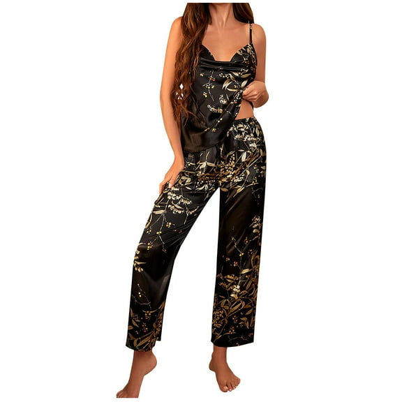 Camisole Pajama Set For Women Soft Sleepwear Loungewear Imitation Silk Camisole Sleeveless Pjs Lounge Sets Black M