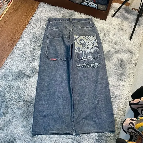 Y2k New Gothic Tiger Embroidered Jeans Women Street Hip Hop Retro Punk Rock Straight Baggy Jeans Unisex Casual Joker Jnco Jeans ZR
