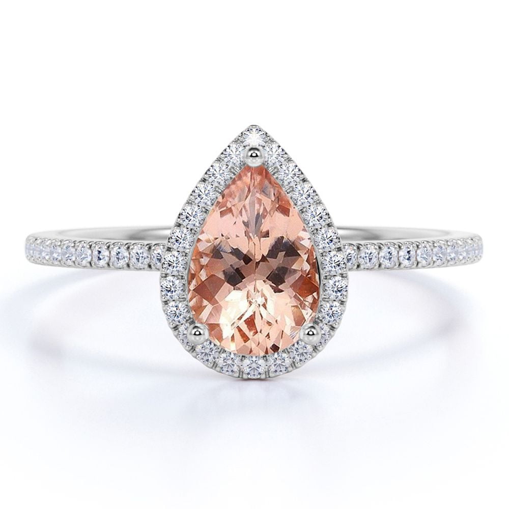 JeenMata Peach Pink 1 Carat Pear Cut Created Morganite and Moissanite Engagement Ring in 18K Gold Over Sterling Silver