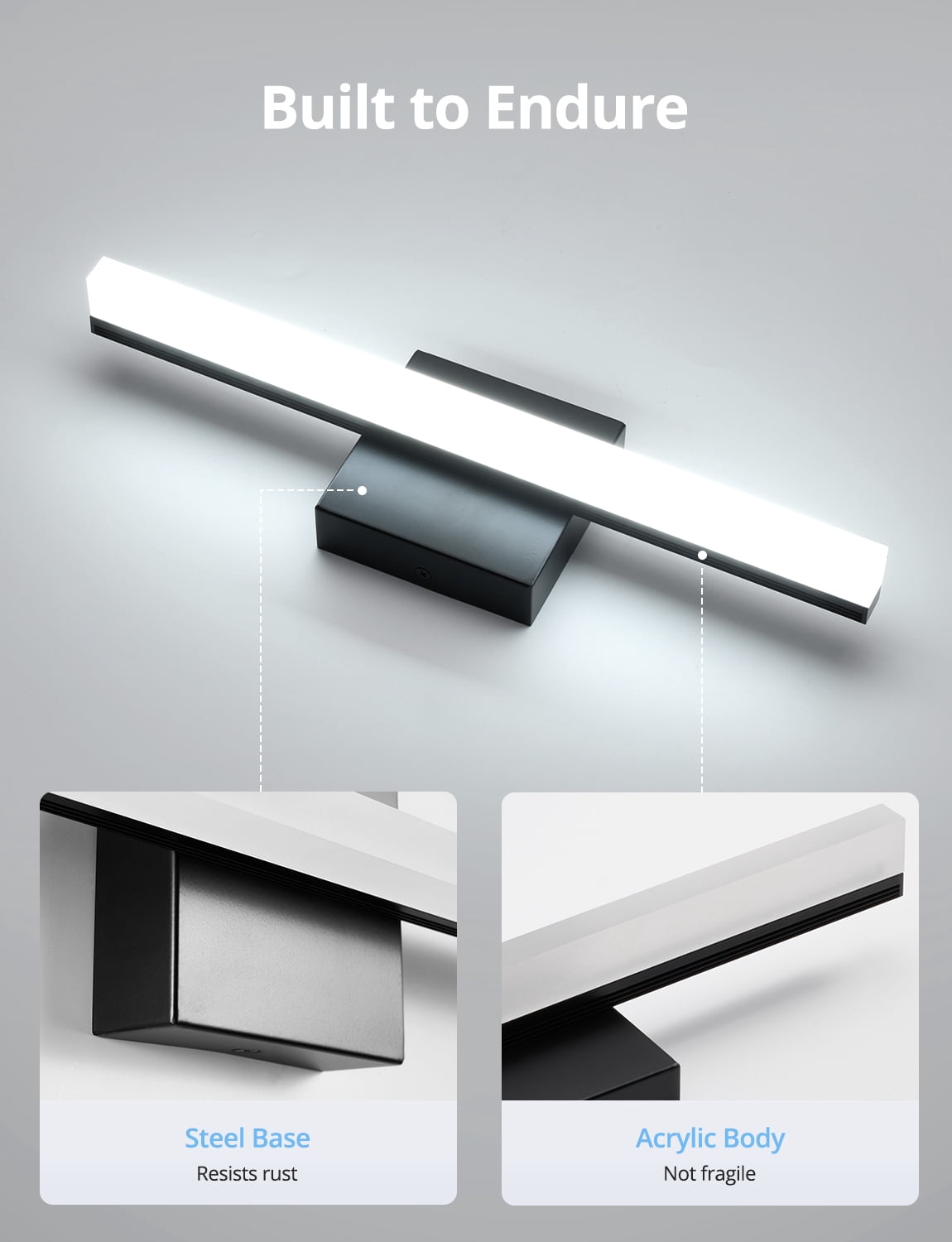 Combuh LED Bathroom Wall Light Bar Modern Acrylic Vanity Lighting Fixtures Over Mirror, 16 Inch 9W Black Restroom Lights Cool White 6000K for Kitchen Bedroom