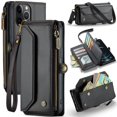 thumbnail image 1 of Funda tipo cartera para iPhone 12 Pro Max con bloqueo RFID, tarjetero, cremallera, ranura para billetes, correa de hombro magnética de piel sintética suave para iPhone 12 Pro Max, 1 of 9