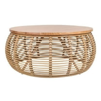Pemberly Row Round Rattan Coffee Table in Brown/Natural Honey