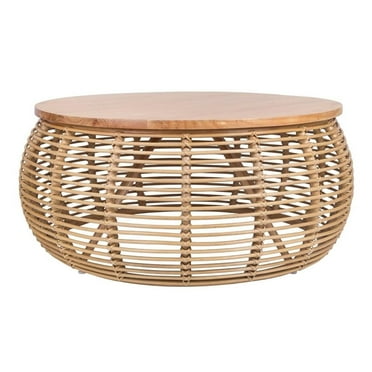 Pemberly Row Round Rattan Coffee Table in Brown/Natural Honey