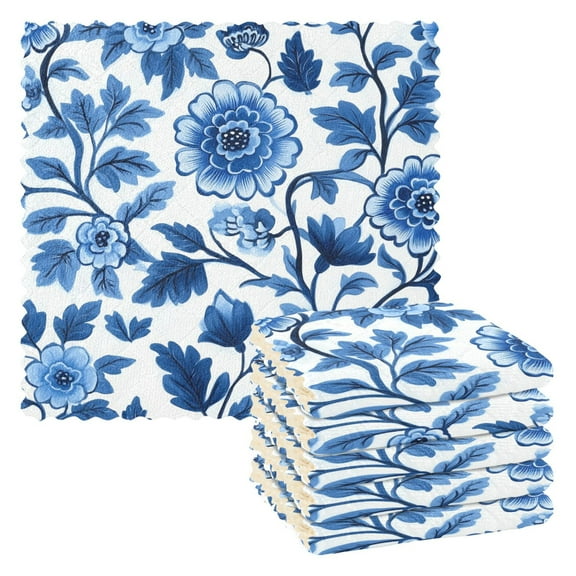 Yayeee 6 Pack Kitchen Dish Cloths for Washing Dishes Soft Absorbent Microfiber Towels, Blue Floral Pattern
