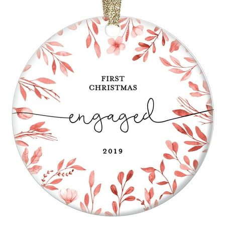 Our First Christmas Engaged Keepsake 2019 Ornament 1st Xmas Together Couple Partner Fiance Best Friend Present Simple Script Watercolor Leaves Farmhouse Glazed Ceramic 3