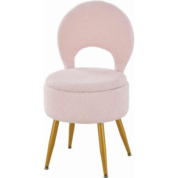 Vanity Stool with Storage and Backrest, Folding Back & Velvet Seat, Footrest, Round Ottoman with Sherpa, Vanity Chair with Storage, Ideal for Bedroom, Living Room, and Makeup Stations