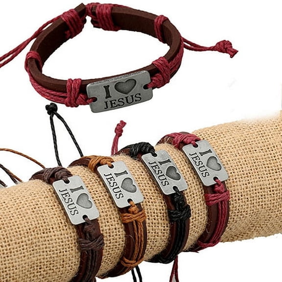 SmartBy Unisex I LOVE JESUS Faux Leather Bangle Hemp Rope Chain Adjustable Bracelet