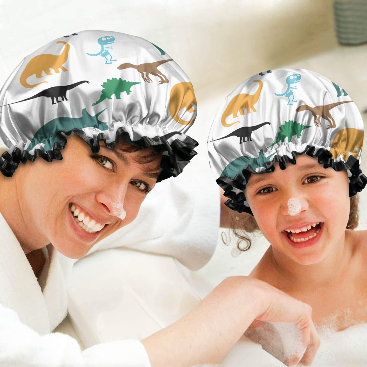 Shower Caps,Colorful Dinosaurs Silhouettes Pattern Waterproof Shower Cap for Women 4 Pieces,Double Reusable Hair Cover for Shower PEVA Elastic Stretch Hem