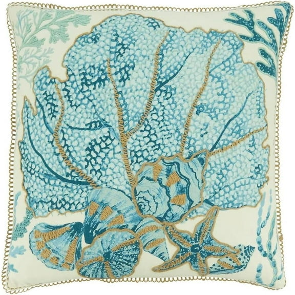 Fennco Styles Sea Fan Coral Cotton Decorative Throw Pillow Cover 20" W x 20" L – Aqua Nautical Sea Creatures Cushion Case for Couch, Sofa, Bedroom, Office and Living Room Décor