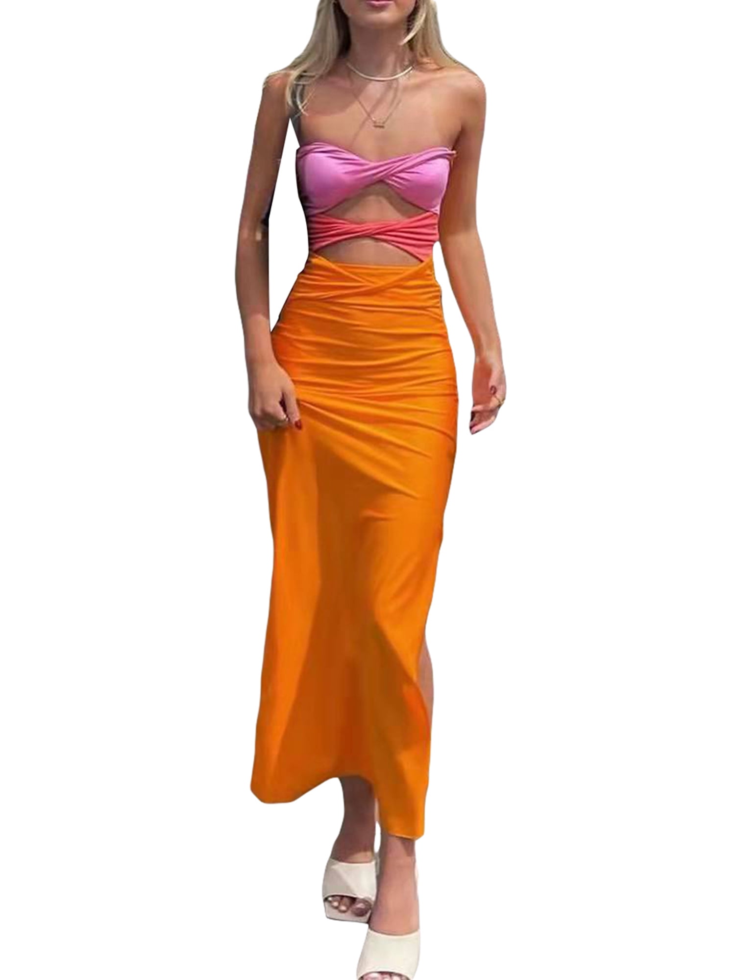 pink and orange twist dress Orange boohoo Bandeau Twist Detail Floral Mesh Maxi Dress