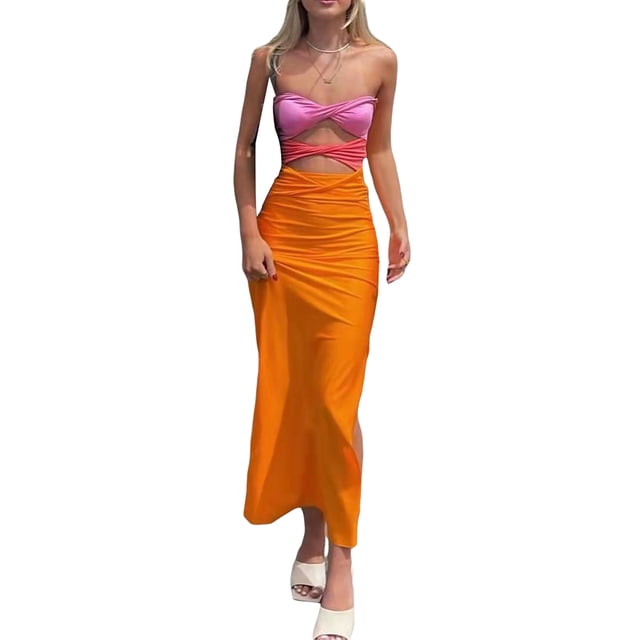 VISgogo Vestido midi ajustado para mujer, vestido de tubo de color de contraste frontal sin tirantes a la moda VISgogo moda