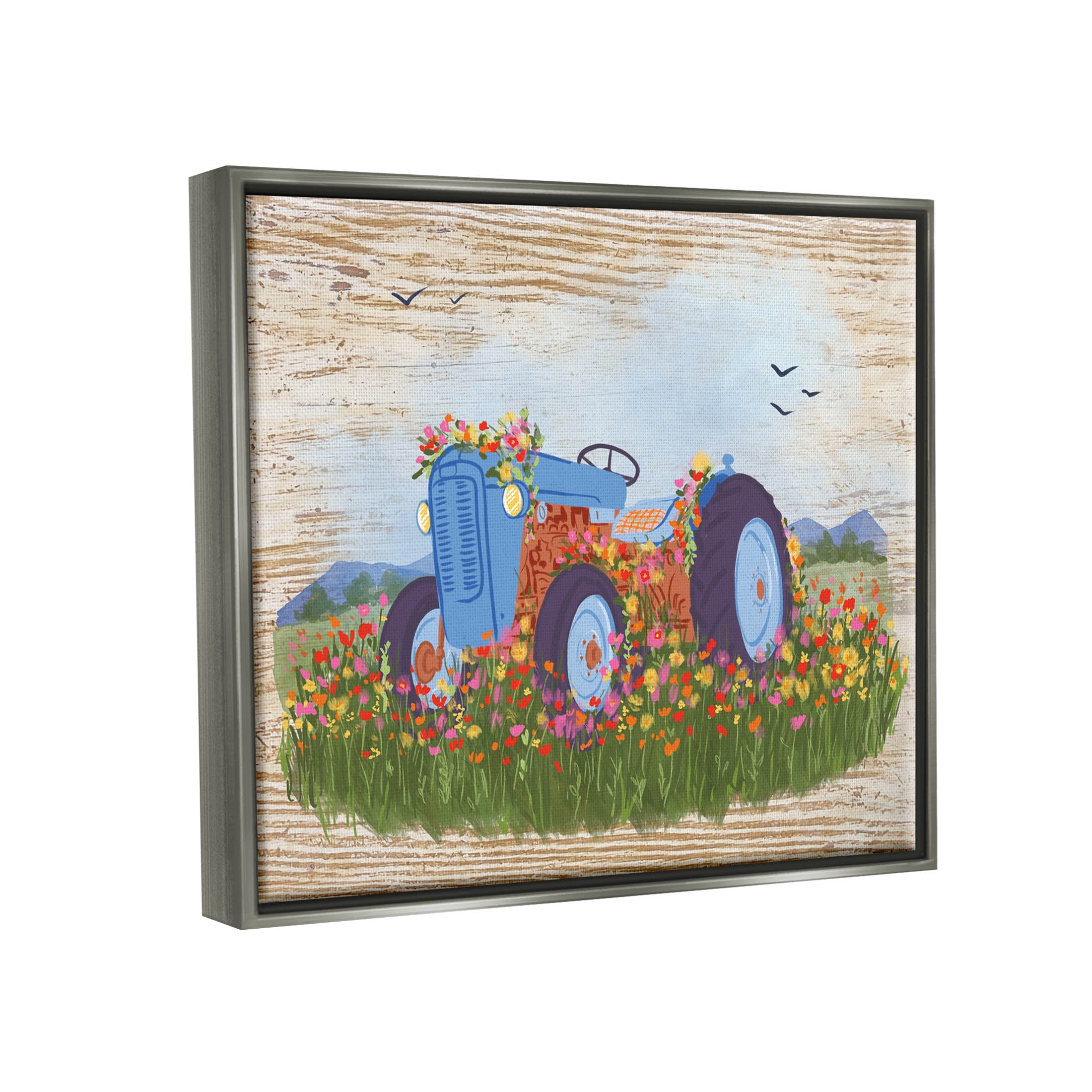 Farmhouse Tractor Floral Blooms Transportation Graphic Art Luster Gray Framed Art Print Wall Art