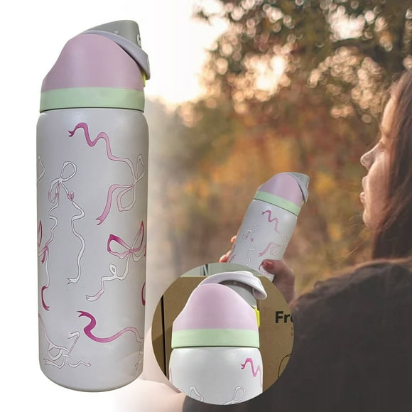 Owala 32 oz Stainless Steel Insulated Water Bottle, Sippy Cup For Hot And Cold Drinks Double Wall Leak Proof Water Bottle, Pink Bowknot Pattern