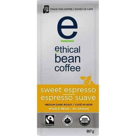 Ethical Bean Fairtrade Organic Coffee, Sweet Espresso Medium Dark Roast, Whole Bean Espresso Coffee