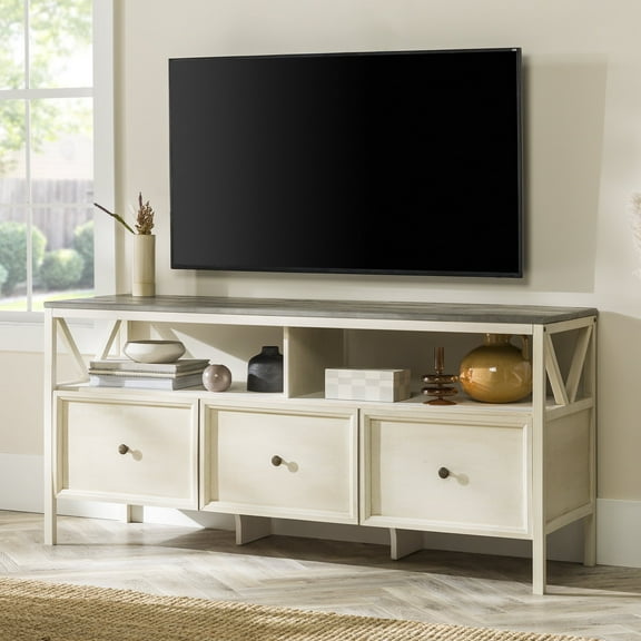 Walker Edison Farmhouse 3 Drawer 60" TV Stand, Grey/White Wash