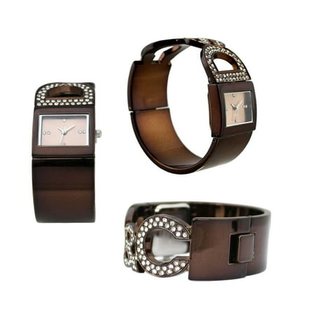 Designer Fashion Bangle Quartz Women's Watch w/ Rhinestone Letters - Brown - WT-L11165BN