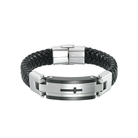 Focus for Men by Focus Men Cross Bracelet in Genuine Black Leather and Brilliant White Stainless Steel, 8.5"