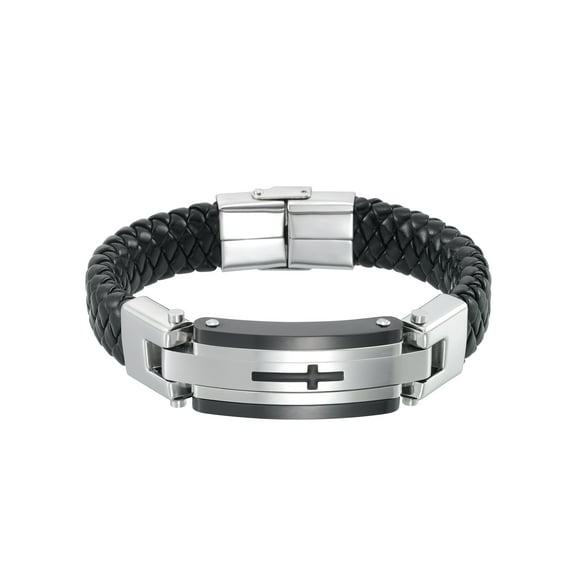 Focus for Men by Focus Men Cross Bracelet in Genuine Black Leather and Brilliant White Stainless Steel, 8.5"