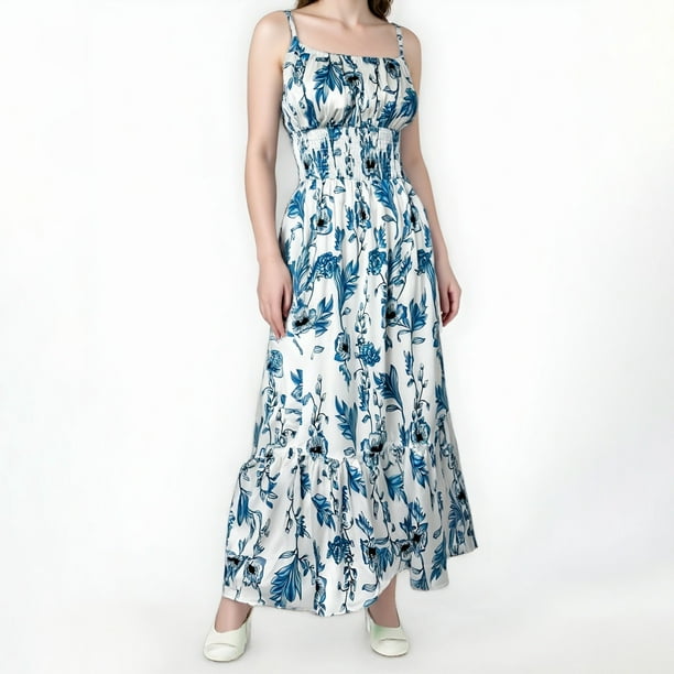 WILLBEST Vestidos Largos Casuales Para Mujer Vestido Casual Para Mujer Europa Y Estados Unidos Vestido Estampado De Verano Sin Mangas Tirantes Finos Vestido De Playa Plisado Con Volantes 2410
