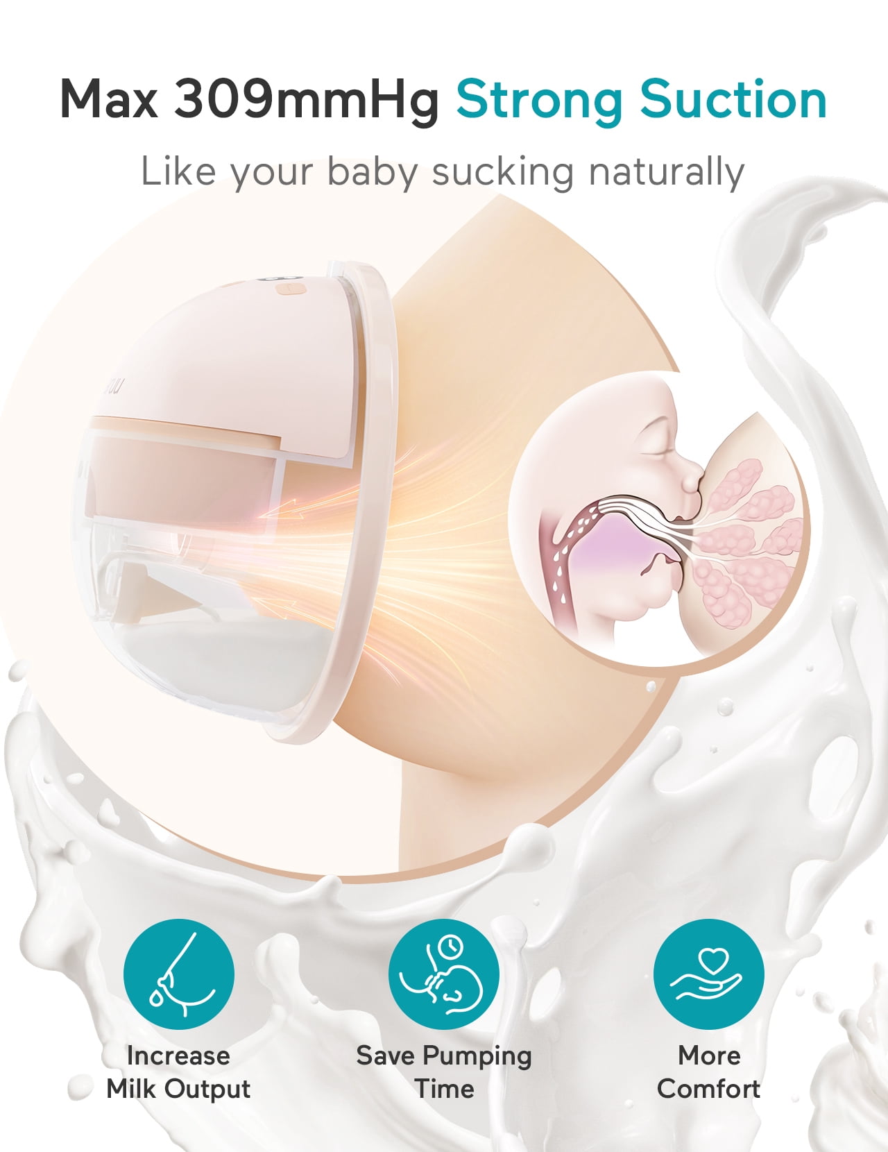 Paruu Wearable Breast Pump 4 Modes, 12 Levels, 240g, BPA-Free, Hands Free Breast Pump, Comfortable, Leak-Proof, Strong Suction