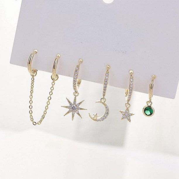 Moda cadena larga circón aros estrella pendientes luna pequeño aro
