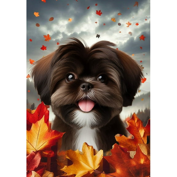 Shih Tzu Chocolate - Best of Breed Fall Leaves Outdoor Garden Flag 12" x 17" Mailbox Flag Dog Flag