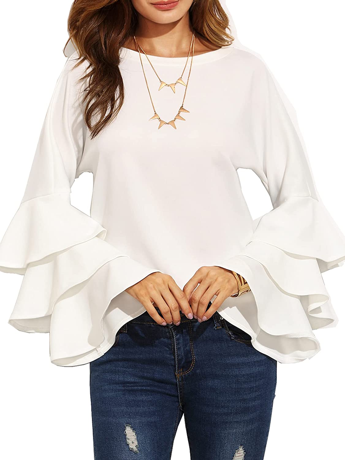 Women's Round Neck Ruffle Long Sleeve Blouse - Walmart.com
