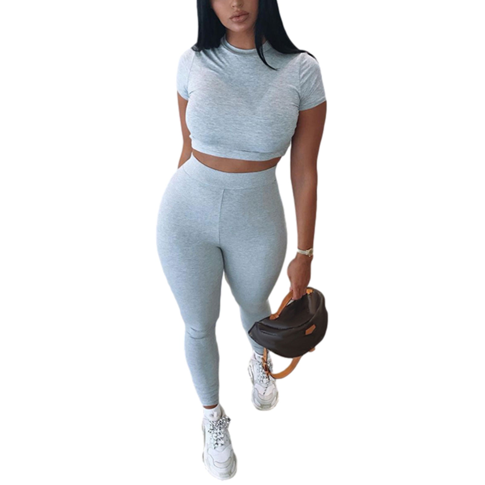 Women 2 Piece Outfit Textured Short Sleeve Crop Tops High Waist Bodycon Pants Jogging Workout Tracksuit Set