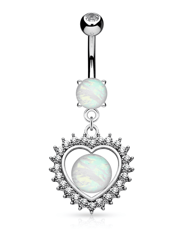 Paved CZ Heart Dangle 14ga Belly Ring with Opal Glitter Center