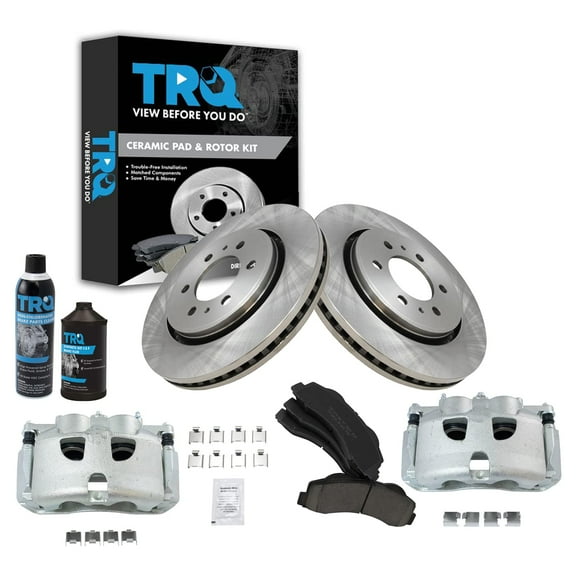 TRQ Front Posi Ceramic Brake Pad Rotor & Calipers Kit w/Chemicals for Ford F150 BKA16757