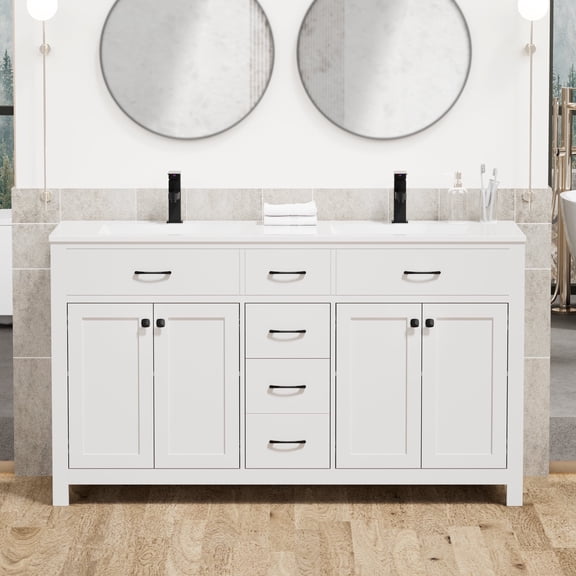 Eclife 60 inch Double Sink Bathroom Vanity, White, Resin Top, Engineered Wood Cabinet with Drawers and Doors, Modern Bathroom Storage