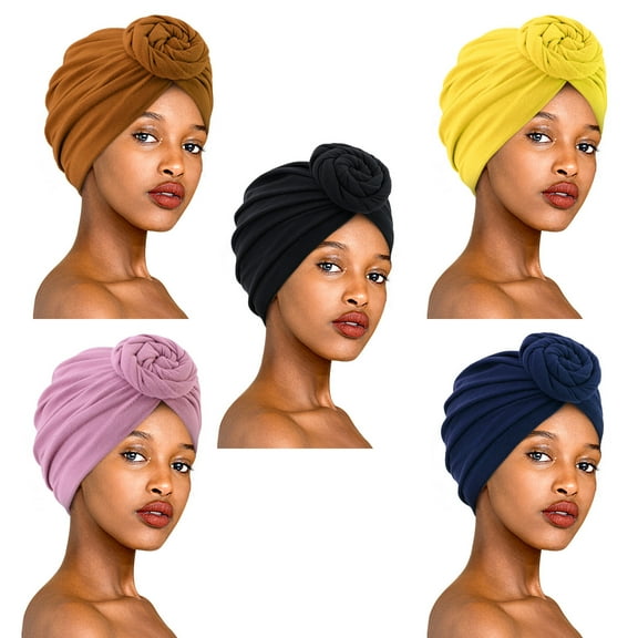 5 Pack Knotted Headwraps for Women African Turban Pre-Knotted Beanie Headwraps Hair Covers