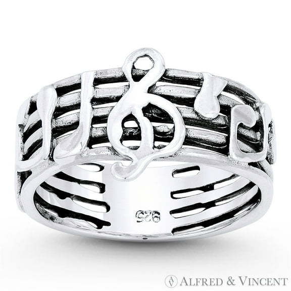 G-Clef, Musical Notes, & Staves Stackable Band in Oxidized .925 Sterling Silver