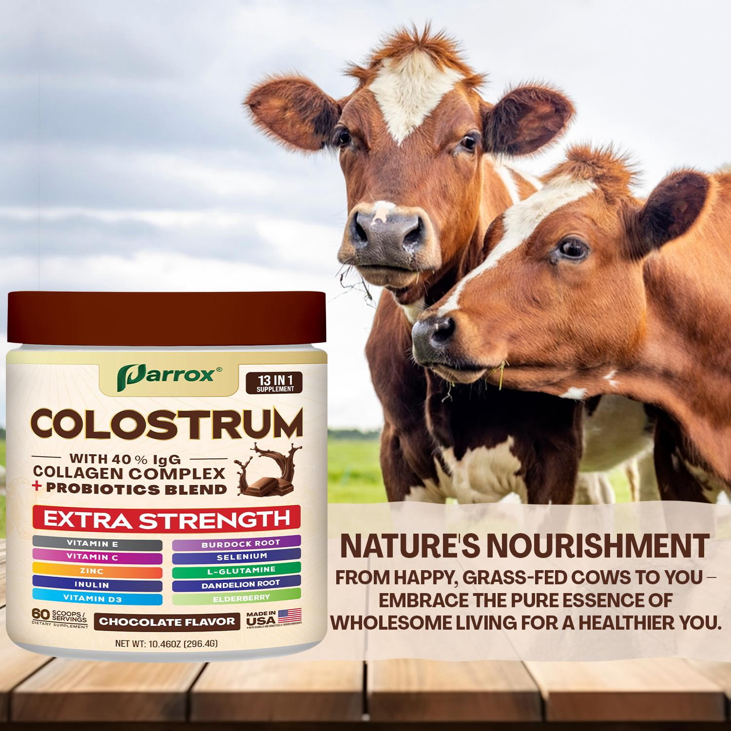 Parrox Colostrum Powder with 40% IgG, Collagen, Probiotics, Burdock Root,  L-Glutamine, Elderberry, Vitamin C, Vitamin E, Vitamin D3, Inulin, Selenium, Dandelion Root, Zinc, 60 Servings (Chocolate)