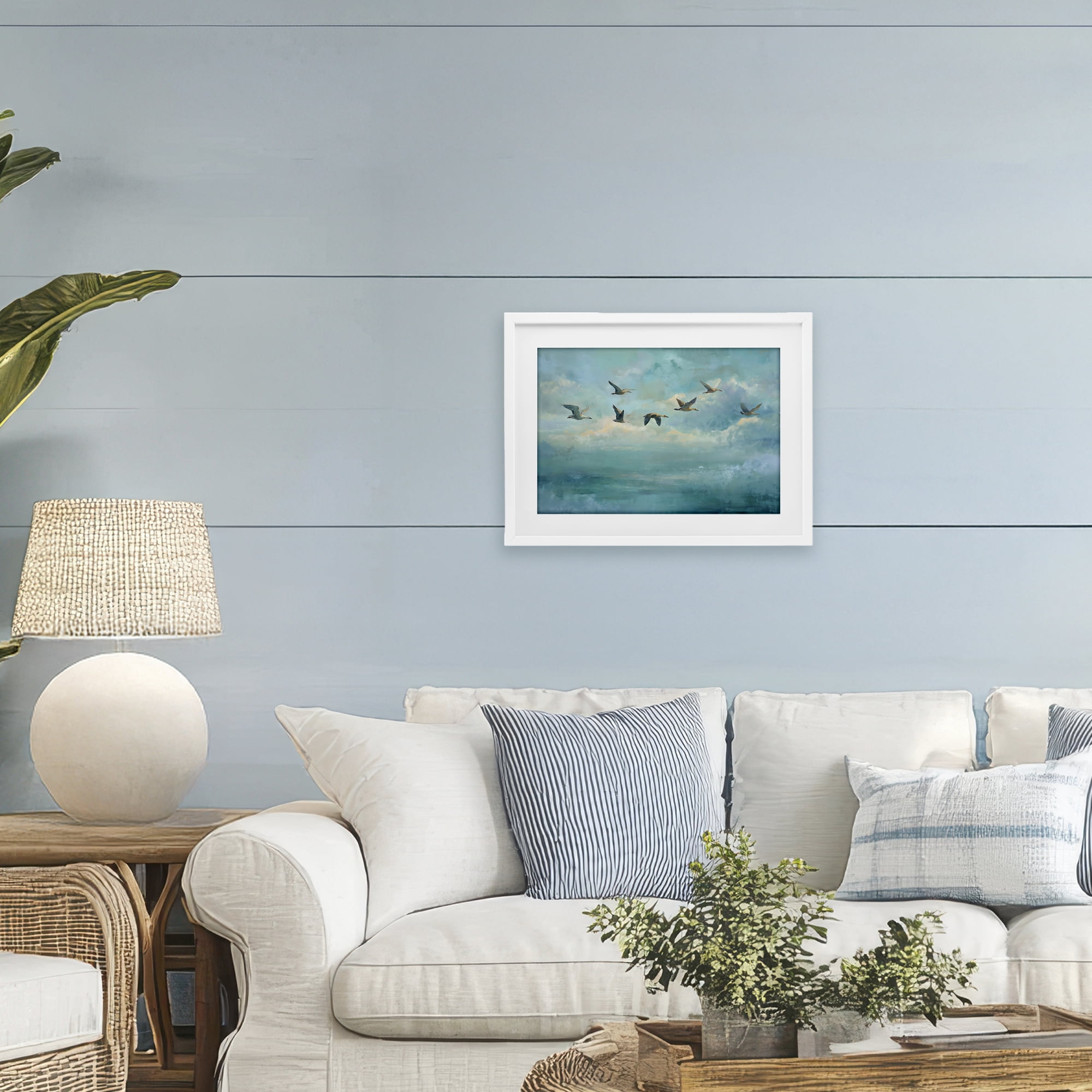 Stupell Industries Blue Skies Geese White Framed Print Under Glass, design by Petal Prints Design